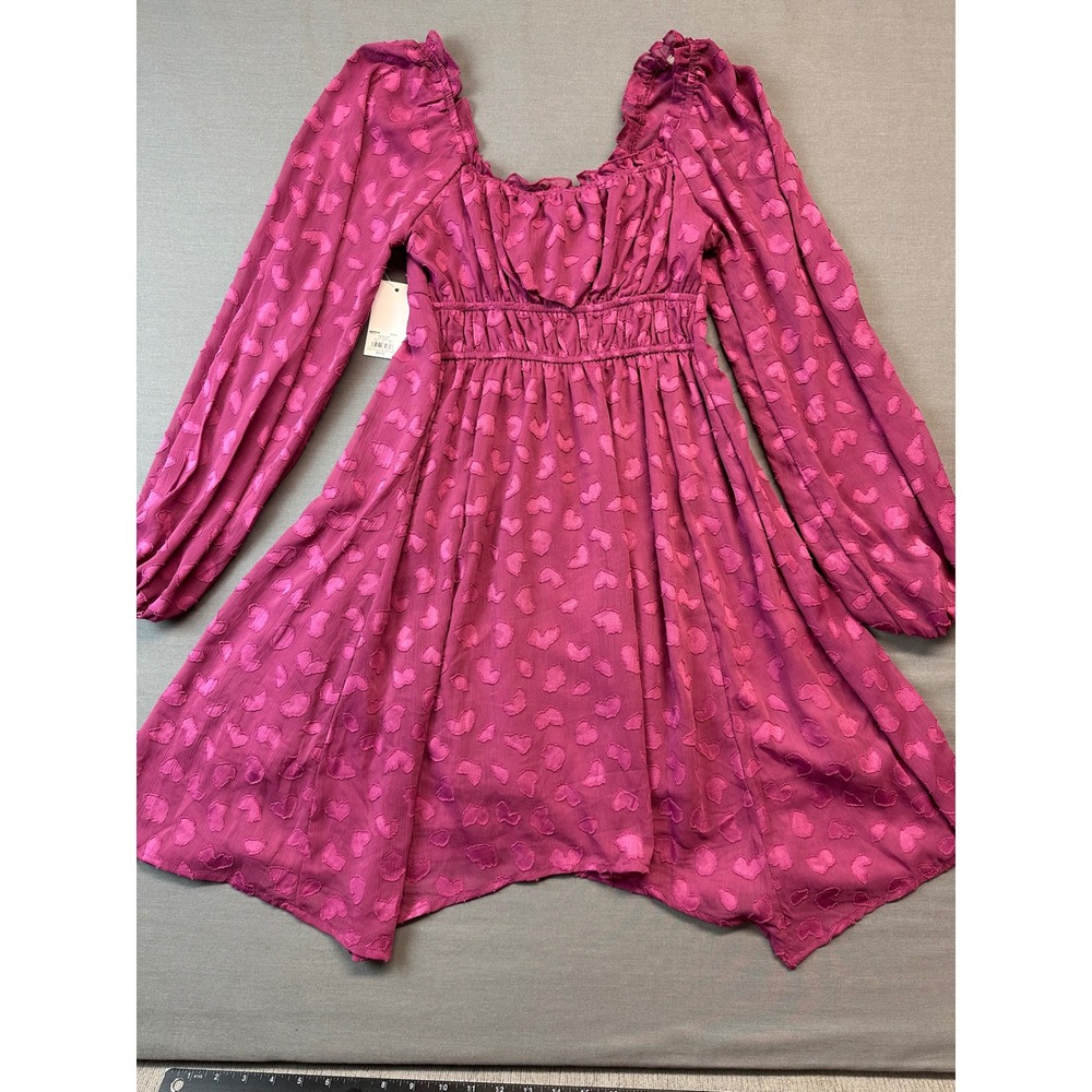 NWT* SO Magenta Pink Heart Clip Dot Babydoll Mini Dress Medium Handkerchief Hem - Picture 2 of 6